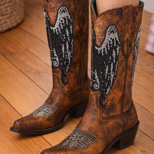 CORRAL Women's Western Cowboy Boot Sequin Wing Cross Inlay Square Toe Brown 6.5M
